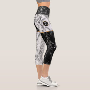 Trendy Black & White Check Marble - Add Letter Capri Leggings