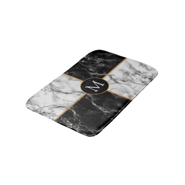 Trendy Black & White Check Marble -Add Your Letter Bath Mat (Angled)
