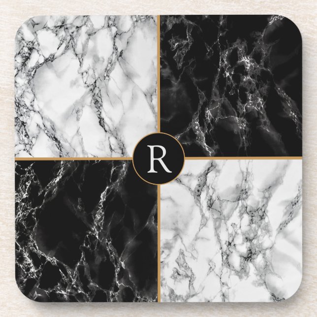 Trendy Black & White Check Marble -Add Your Letter Coaster (Front)