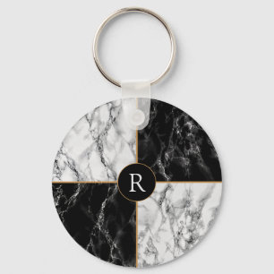 Trendy Black & White Check Marble -Add Your Letter Key Ring