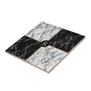 Trendy Black & White Check Marble -Add Your Letter Tile