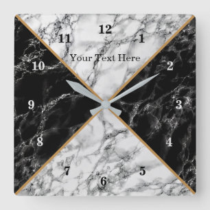 Trendy Black & White Check Marble - Add Your Text Square Wall Clock