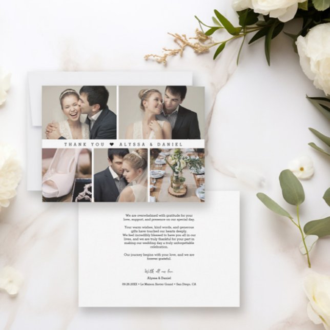 Trendy Black White Chic Wedding Photo Collage  Thank You Card (Trendy photo collage grid wedding thank you cards)