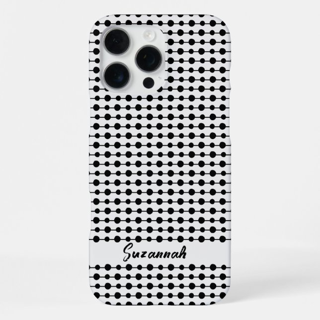 Trendy Black White Dots Lines Pattern Custom Name iPhone Case (Back)