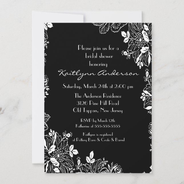 Trendy Black & White Floral Bridal Shower Invite (Front)