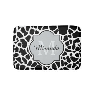 Trendy Black White Giraffe Print Monogrammed Name Bath Mat
