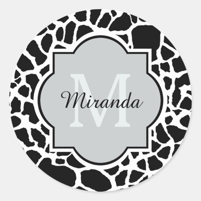 Trendy Black White Giraffe Print Monogrammed Name Classic Round Sticker (Front)