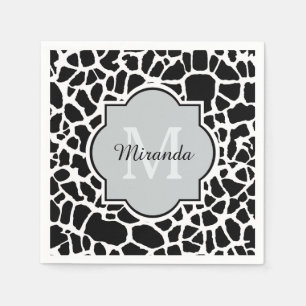 Trendy Black White Giraffe Print Monogrammed Name Napkin
