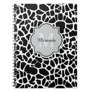 Trendy Black White Giraffe Print Monogrammed Name Notebook