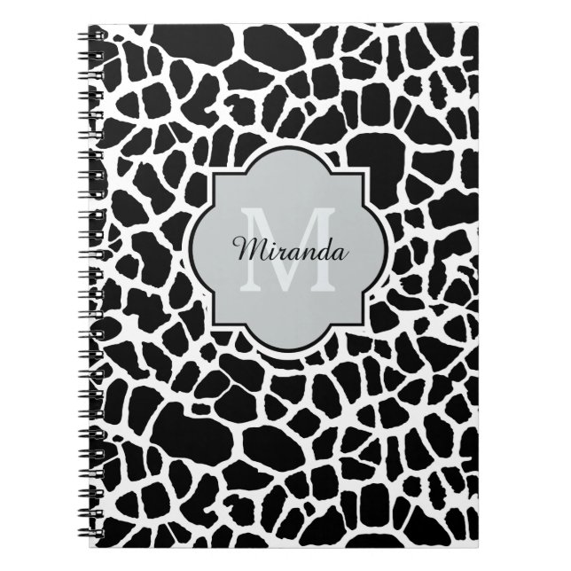 Trendy Black White Giraffe Print Monogrammed Name Notebook (Front)