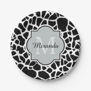 Trendy Black White Giraffe Print Monogrammed Name Paper Plate