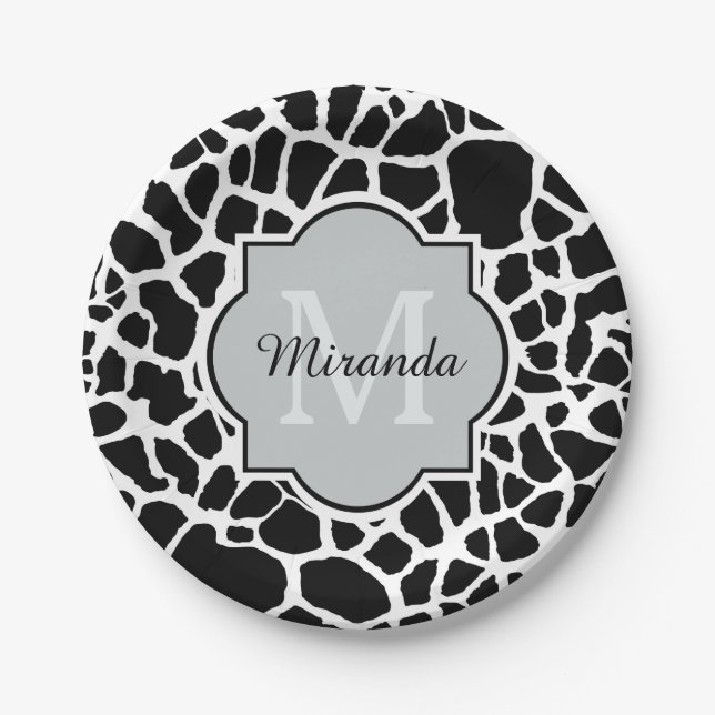 Trendy Black White Giraffe Print Monogrammed Name Paper Plate (Front)