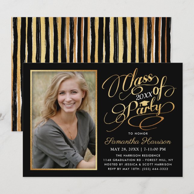Trendy Black, White & Gold Graduation Party Invitation (Front/Back)