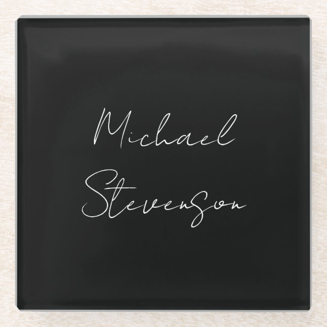 Trendy Black White Handwritten Minimalist Glass Coaster (Front)