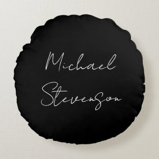 Trendy Black White Handwritten Minimalist Round Cushion