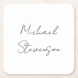 Trendy Black White Handwritten Minimalist Square Paper Coaster