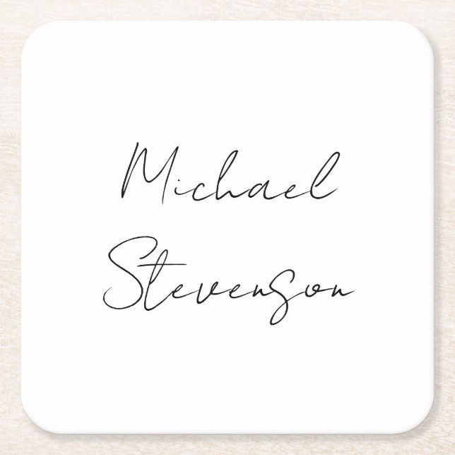 Trendy Black White Handwritten Minimalist Square Paper Coaster (Front)