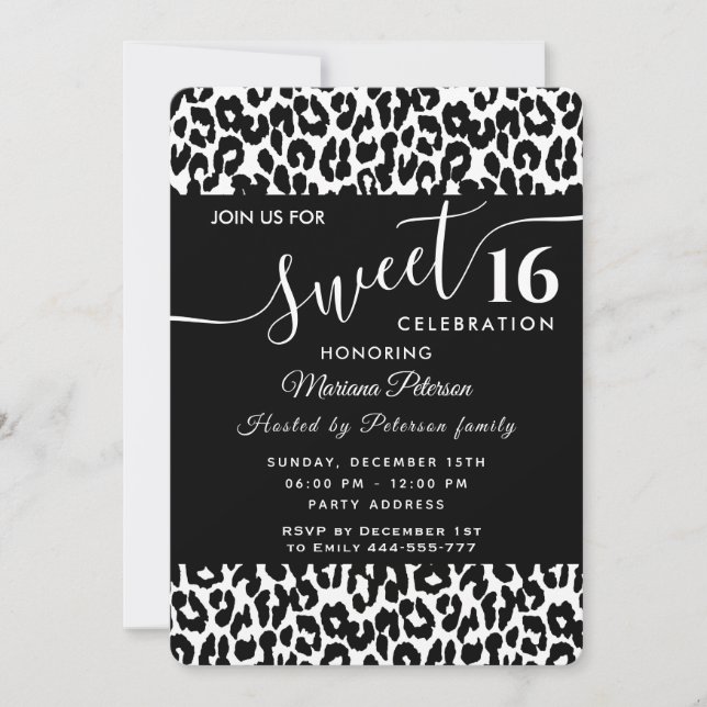 Trendy black white leopard sweet 16  invitation (Front)