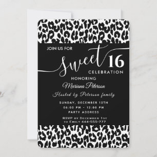 Trendy black white leopard sweet 16  invitation