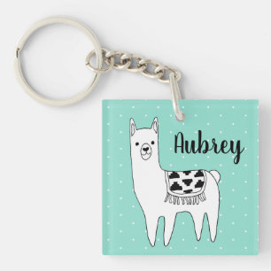 Trendy Black & White Llama & Swiss Dots in Mint Key Ring