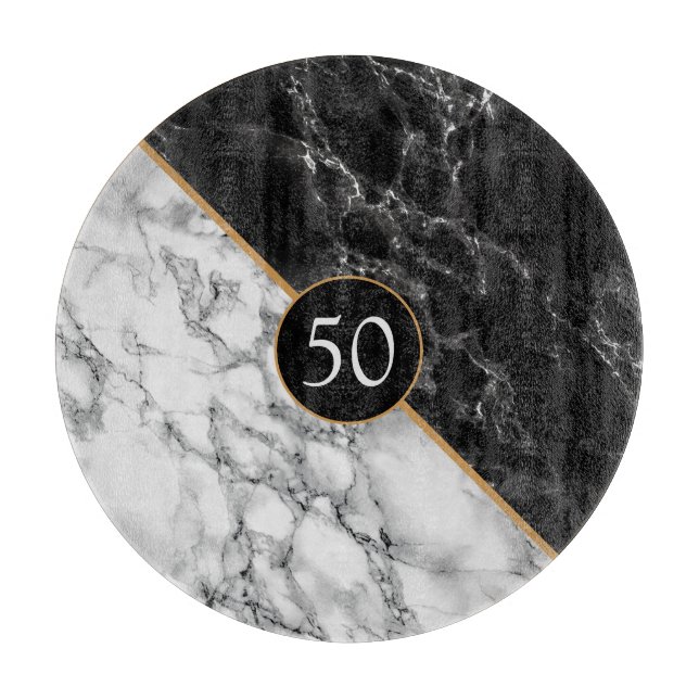 Trendy Black & White Marble Stone - Add Age / Year Cutting Board (Front)