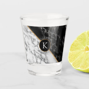 Trendy Black & White Marble Stone -Add Letter/Year Shot Glass
