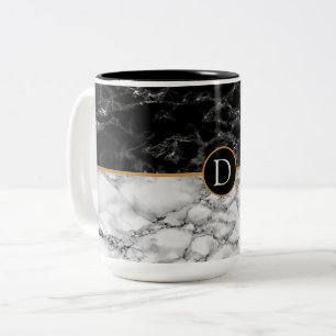 Trendy Black & White Marble Stone  Add Letter/Year Two-Tone Coffee Mug