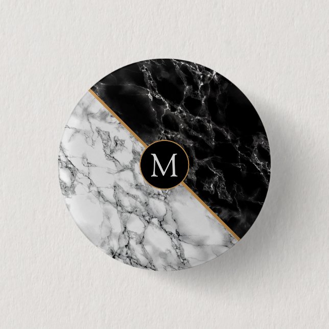 Trendy Black & White Marble Stone -Add Your Letter 3 Cm Round Badge (Front)