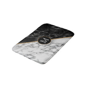 Trendy Black & White Marble Stone -Add Your Letter Bath Mat