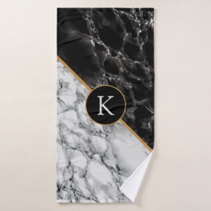Trendy Black & White Marble Stone -Add Your Letter Bath Towel