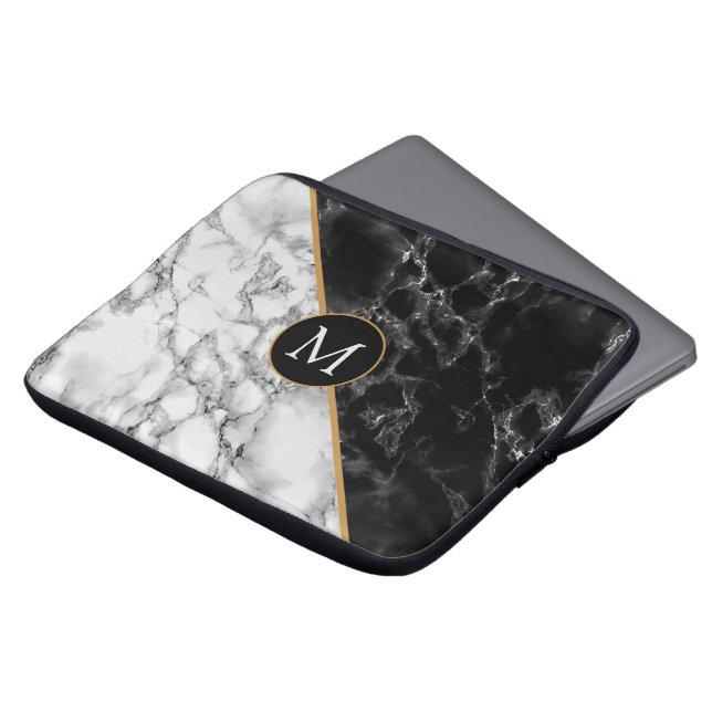 Trendy Black & White Marble Stone -Add Your Letter Laptop Sleeve (Front Top)