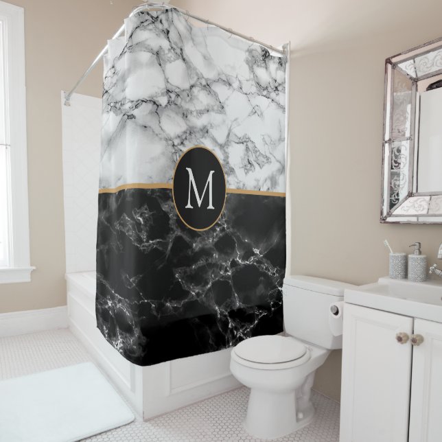 Trendy Black & White Marble Stone -Add Your Letter Shower Curtain (In Situ)