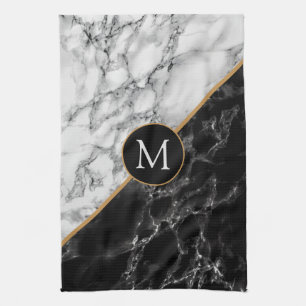 Trendy Black & White Marble Stone Add Your Letter Tea Towel