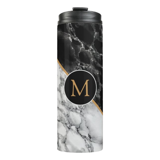 Trendy Black & White Marble Stone -Add Your Letter Thermal Tumbler (Front)