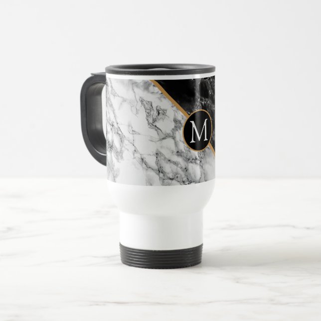 Trendy Black & White Marble Stone -Add Your Letter Travel Mug (Front Left)