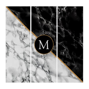 Trendy Black & White Marble Stone -Add Your Letter Triptych