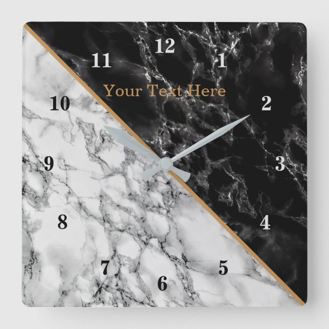 Trendy Black & White Marble Stone - Add Your Text Square Wall Clock (Front)
