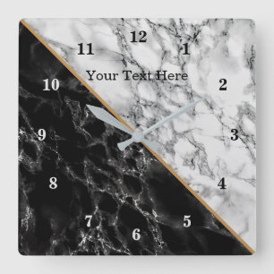 Trendy Black & White Marble Stone - Add Your Text Square Wall Clock
