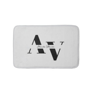 Trendy Black White Minimalist Girly Monogram Name Bath Mat