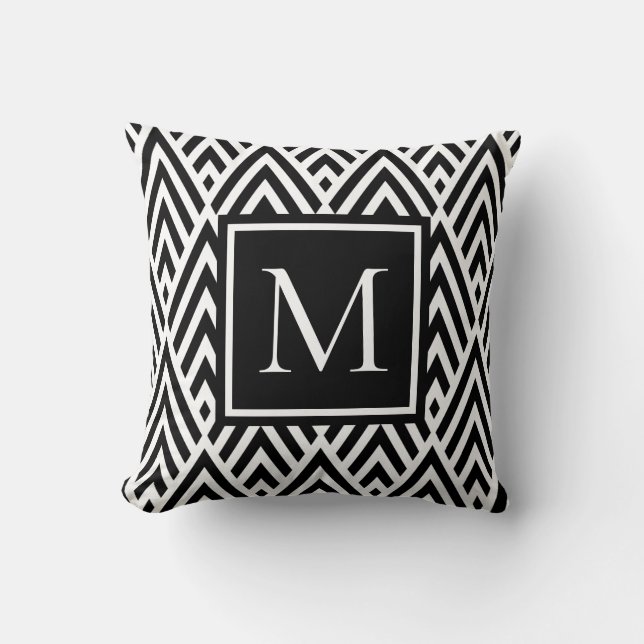 Trendy Black White Monogram Arrow Diamond Pattern Cushion (Front)