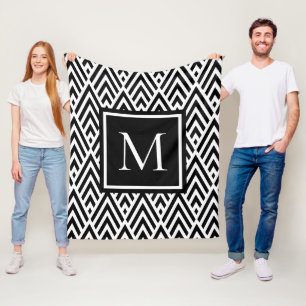 Trendy Black White Monogram Arrow Diamond Pattern Fleece Blanket