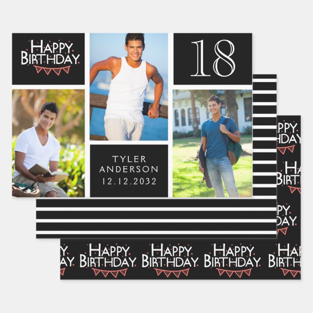 Trendy Black White Photo Collage 18th Birthday Wrapping Paper Sheet (Set)