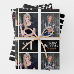 Trendy Black White Photo Collage 21st Birthday  Wrapping Paper Sheet