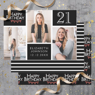 Trendy Black White Photo Collage 21st Birthday Wrapping Paper Sheet