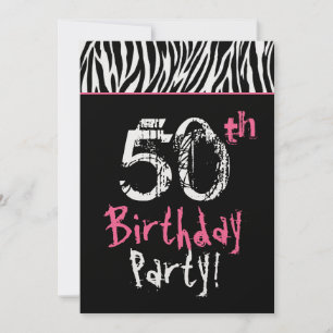 Trendy Black White Pink Zebra 50th Birthday Invitation