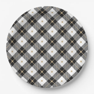 Trendy Black White Plaid Pattern Paper Plate