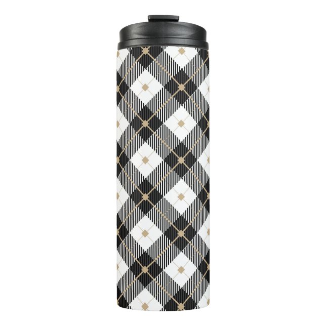 Trendy Black White Plaid Pattern Thermal Tumbler (Front)