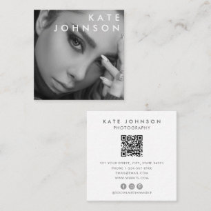 Trendy Black White Professional Photo QR Code Square Business Card