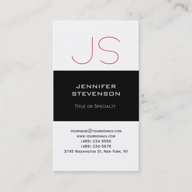 Trendy Black White Red Monogram Business Card (Front)