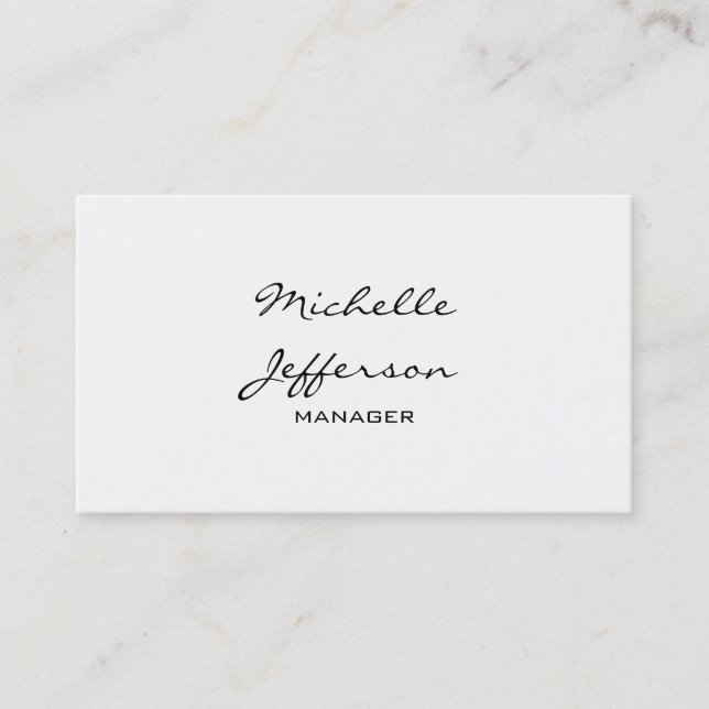 Trendy Black & White Script Manager Business Card (Front)